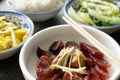 fast food of Chinese style sausage and bacon and salty fish with scrambled eggs and hotbed chives and cabbage with rice