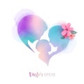 Side view of Father and mother kissing their child baby with heart symbol silhouette plus abstract water color painted. Digital