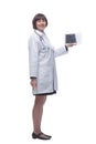 female doctor showing digital tablet. isolated on a white background. Royalty Free Stock Photo