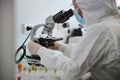 Lab technician examining an antiviral drug through the microscope Royalty Free Stock Photo