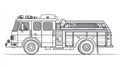 Black and White Line Art Fire Truck, Fire Engine Side View Royalty Free Stock Photo