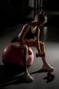 Side view of fit beautiful young woman doing biceps exercises with dumbbells on fitness ball Royalty Free Stock Photo