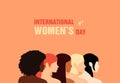 Side view of five women of different nationalities standing together. International Women's Day Royalty Free Stock Photo