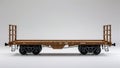 Side view of a flatbed railcar with open platform and wheel structure visible on white background Royalty Free Stock Photo