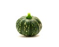 Side view fresh harvest baby winter squash, round eight ball gourd faint vertical ridges, speckled green striping, yellow mottling