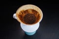 View of Freshly Brewed V60 Pour Over Coffee Grounds in Filter Royalty Free Stock Photo