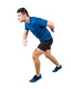 Side view full length of determined caucasian man runner standing in running position looking ahead confident. Young guy sprinter