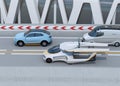 Side view of futuristic flying car driving on the highway