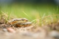 side view of garter snake entering a grassy burrow