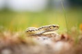 side view of garter snake entering a grassy burrow