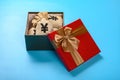 gift box full with RMB money bags on blue background Royalty Free Stock Photo