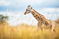 side view of giraffe walking through grassland