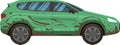Side view of a green SUV covered in mud, showcasing the aftermath of an adventurous off road trip and highlighting the Royalty Free Stock Photo