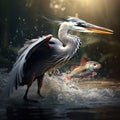 Side view of a Grey Heron catching a fish under water line  Made With Generative AI illustration Royalty Free Stock Photo