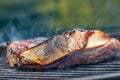 Side view of a grilled beef rib on a barbecue grill Royalty Free Stock Photo