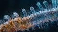 A side view of a group of nematode worms showing the precise and coordinated movement of their tiny hairlike structures