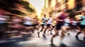 Side view of group of people running marathon in big city, motion blur, made with generative ai Royalty Free Stock Photo