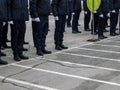 Side view of a group of soldiers or policemen in white gloves who stand in the ranks.