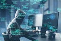 Side view of hacker at desk using computers with creative coding html language on blurry office interior background. Web developer
