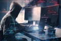 Side view of hacker at desktop using computers with creative process stages mesh on blurry office interior background. Hacking, Royalty Free Stock Photo