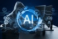 Side view of hacker using computers at desk with glowing AI hologram on blue background. Artificial intelligence, hacking, malware Royalty Free Stock Photo