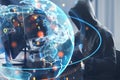 Side view of hacker using computers at desktop with abstract globe sphere hologram with coding and polygonal network on blurry Royalty Free Stock Photo