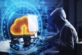 Side view of hacker using glowing digital cloud in circular tech hologram on blurry background. Cloud computing and hacking Royalty Free Stock Photo