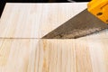 Side view of hand saw sawing wooden board close up Royalty Free Stock Photo