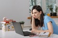 Pretty brunette bored young woman sit at home office look away has no desire to work at laptop, annoying monotonous work