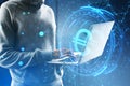 Side view of headless hacker holding laptop computer with creative round euro sign on blurry blue polygonal background. Crypto,