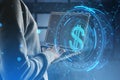 Side view of headless hacker holding laptop with creative round dollar sign on blurry blue polygonal background. Crypto, hacking,