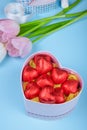 side view of heart shaped chocolate candies wrapped in red foil in a heart shaped gift box and pink color tulips on blue Royalty Free Stock Photo