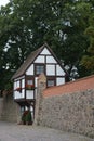 Side view of a historic Wiek house in the town of Neubrandenburg, Germany on a gloomy day