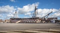 Side on view of HMS Victory, Lord nelson`s flagship, on display at Portsmouth Dockyard, Hampshire, UK