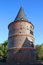 Side view of the Holsten Gate is a Brick Gothic city gate and medieval fortifications of the Hanseatic city of LÃÂ¼beck, Germany.