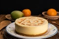 Side view of homemade mango cheesecake in ceramic dish