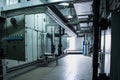 Side view of the huge gray industrial air handling unit in the ventilation plant room Royalty Free Stock Photo