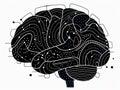 side view of human brain with abstract patterns and blue dots, showcasing complexity and