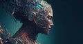 Side view of a humanoid cyber girl with a neural network. Artificial intelligence Digital brain learning to process big data. AI