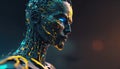 Side view of a humanoid robot representing futuristic technology and artificial intelligence. Humanoid head with vibrant neon