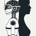 Side view of a humanoid robot and a woman standing back to back. Artificial intelligence concept. AI generated image. Royalty Free Stock Photo