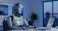 Side view humanoid robot working on computer at night office, artificial intelligence and future work concept Royalty Free Stock Photo