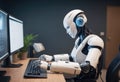 Side view of humanoid robot works in office, typing on keyboard. Concept of futuristic technology and science. Modern manager