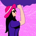 Side View Illustration of Young Strong Woman Showing Arms on Magenta Pink and Purple Texture Background w