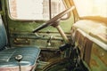 old vintage interior car dashboard steering wheel Royalty Free Stock Photo