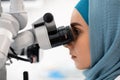 Side View Of Islamic Female Dentist Doctor In Hijab Using Dental Microscope