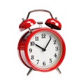 Side view of Isolated classic twin-bell red alarm clock on transparent background