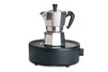 Side view of italian moka pot coffee maker heating on electric strove Royalty Free Stock Photo