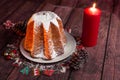 Side view of italian pandoro cake with warm light, christmas decorations, candles, pine cones, close up with warm light giving a