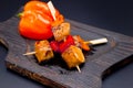 Japanese Chicken Skewers with bell pepper. Yakitori Chicken on wooden board with vegetables Royalty Free Stock Photo